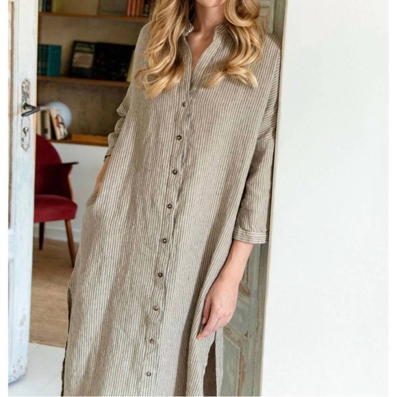 SAUTHS linen maxi dress in almond stripes large - Picture 2 of 15